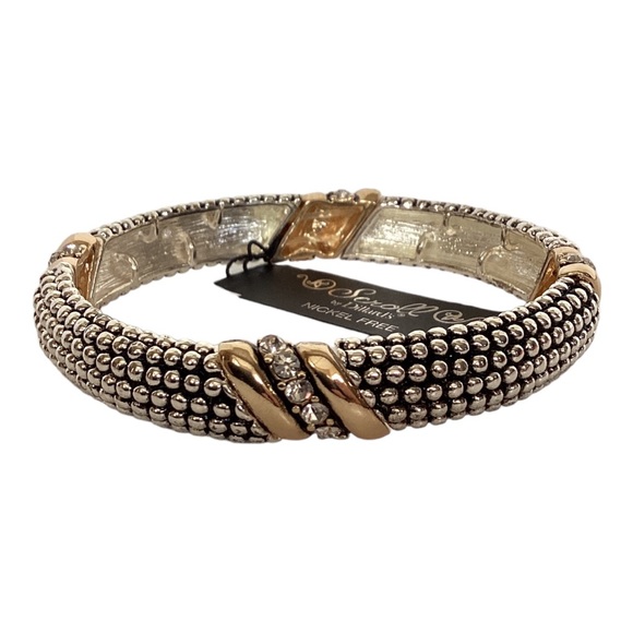 Scroll Gold And Silver Tone Link Stretch Bracelet Petite White Crystal Accents - Picture 9 of 14